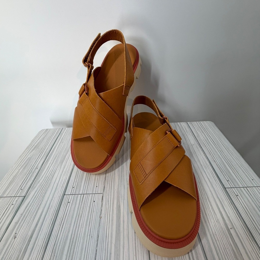 Sorel Rein Crisscross Chunky Flatform Sandals Tan Leather Suede Women's 8.5 NEW